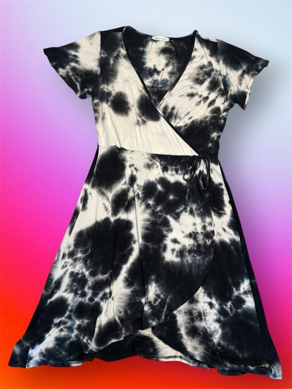 Black & White Tie-Dye Faux Wrap Midi Dress sz L Soft and Stretchy Lightweight